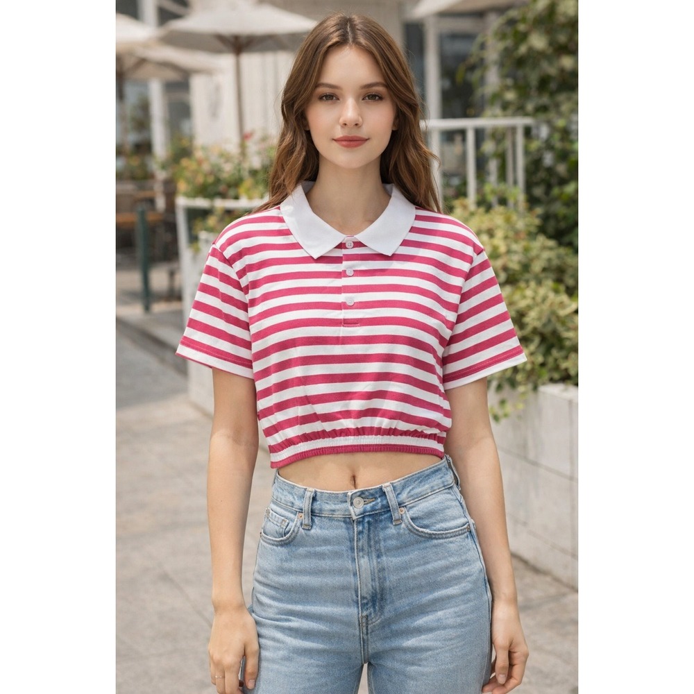 Jolie & Joy Striped Crop Top Old Money Button Front Cotton Pink White Women's XL